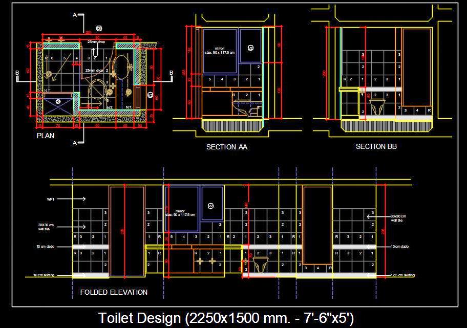 Small Toilet Design CAD Drawing - 2250 x 1500 mm